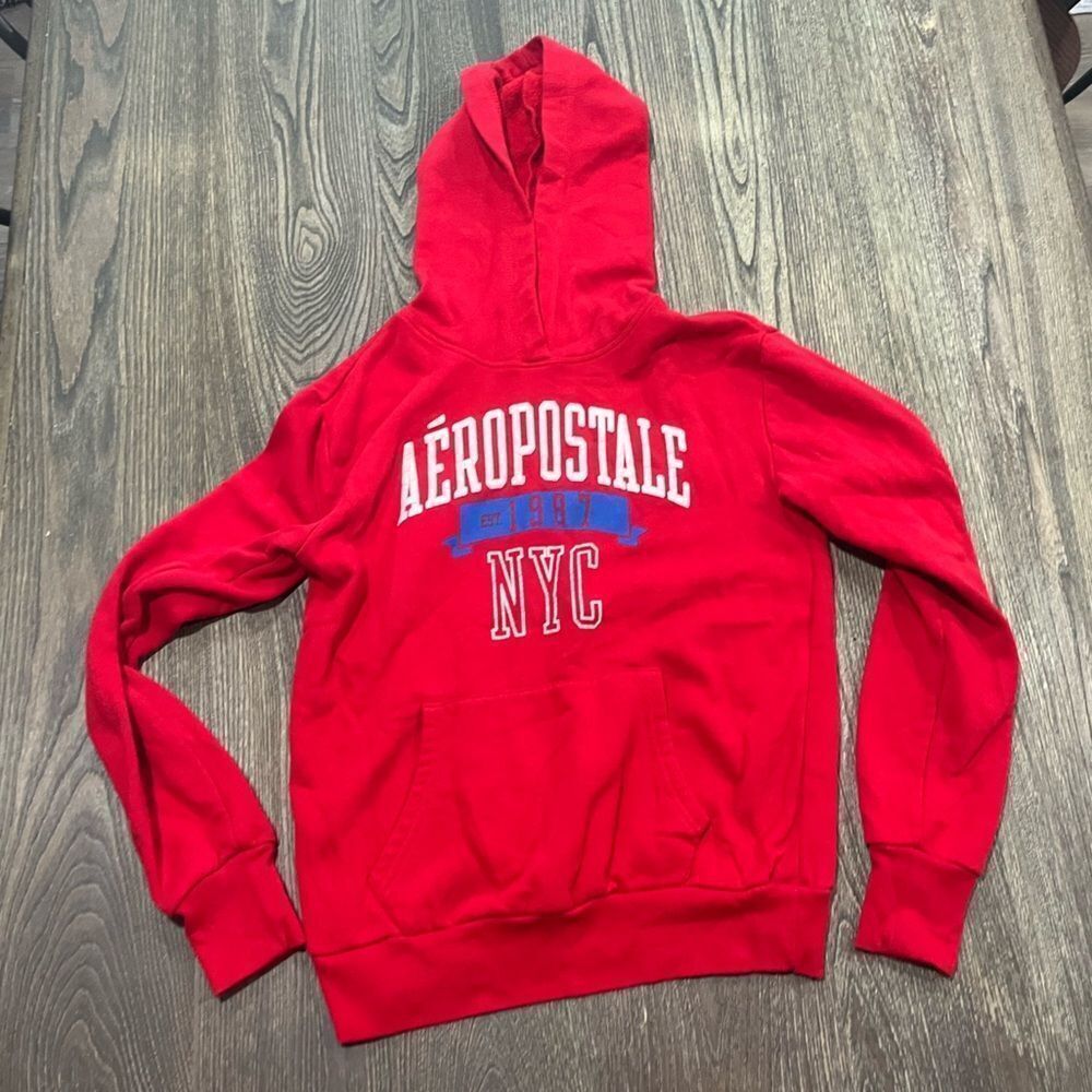 Aeropostale Sweatshirt Hoodie Embroidered Logo Pocket Front Pullover Red Size S